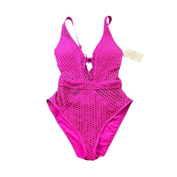 BECCA Other - Becca Hot Pink Crochet One Piece Swimsuit Large NWT